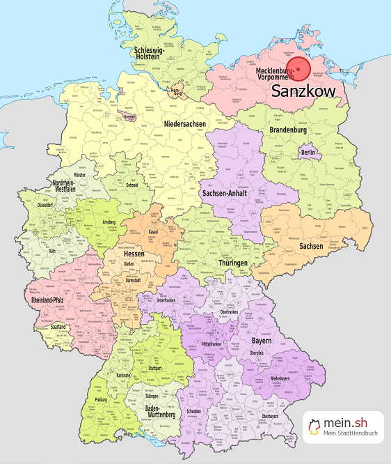 Deutschlandkarte mit Sanzkow
