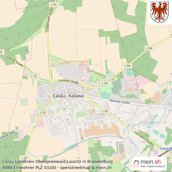 Calau Landkreis Oberspreewald-Lausitz Lageplan © Openstreetmap Contributors Calau Große Landstadt Lageplan